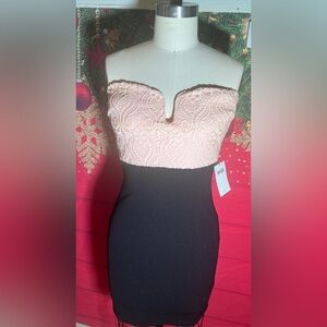 Strapless Two-Tone Lace Bodice Sheath Dress - Pink & Black